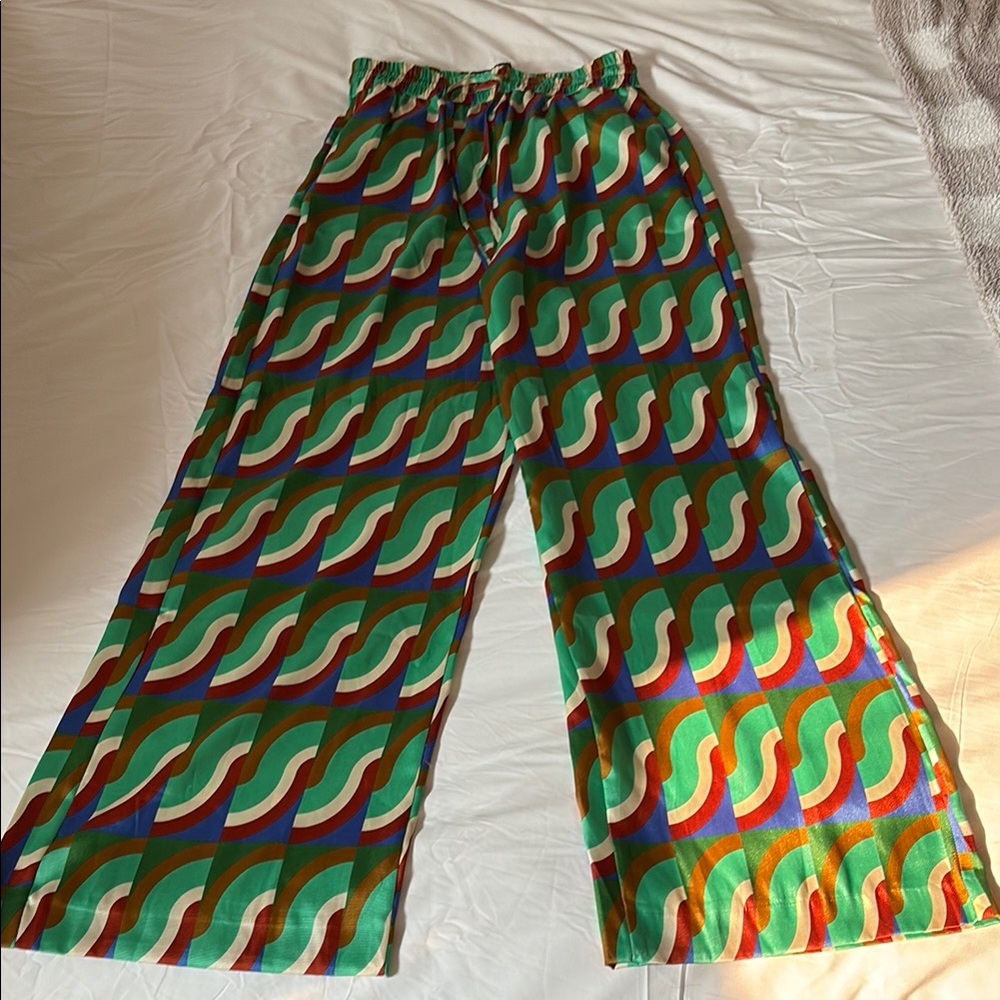 Zara Summer Print Wide-Leg Satin/Silky Pants
